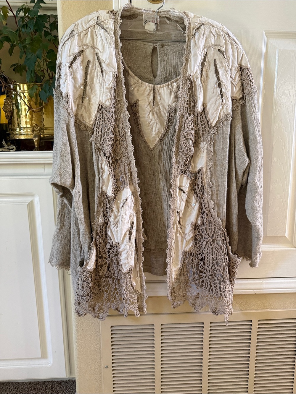 Vintage Taupe Crochet-Trim Open Front Sweater Cardigan Tank Top Combo